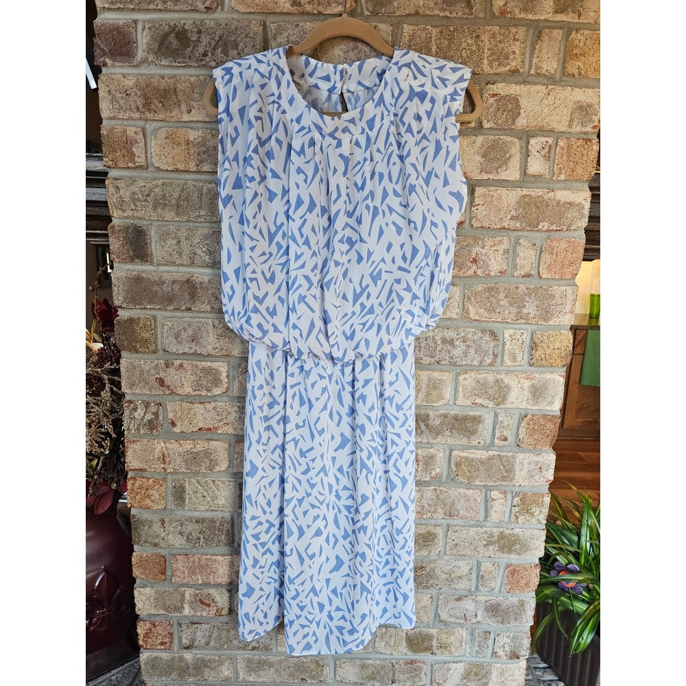 VINTAGE Miss Oops California Women's 10‎ Blue White Geometric Print Midi Dress
